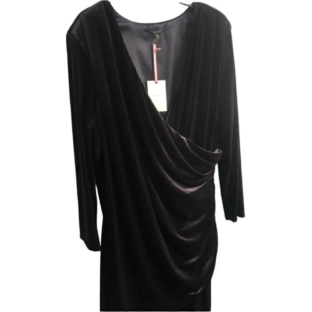 NWT ALEX MARIE Women’s Plus Draped Black Velvet Knee Length Dress Size: 20W